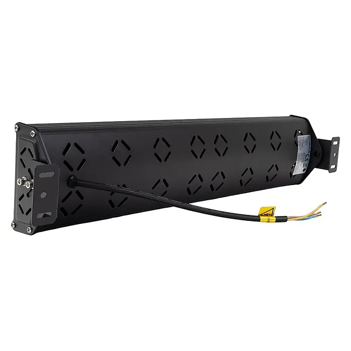 Luxula LED-Strahler LED-Hallenstrahler - 100 W, 12.000 lm, 5.000 K, L x B x H: 545 x 118 x 78 mm, IP65 - Schwarzer rechteckiger LED-Flutlichtstrahler mit Montagebügeln und Stromkabel mit offenen Adern.