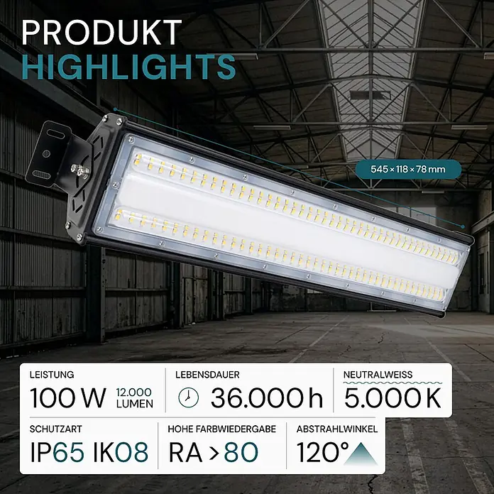 Luxula LED-Strahler LED-Hallenstrahler - 100 W, 12.000 lm, 5.000 K, L x B x H: 545 x 118 x 78 mm, IP65 - Schwarze rechteckige LED-Industrieleuchte mit Halterung, Spezifikationen in einem Lager.