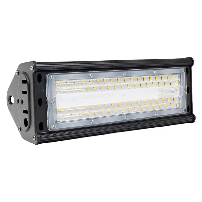 Enovalite LED-Strahler LED-Hallenstrahler - 50 W, 6.000 lm, 5.000 K, IP65 - Schwarzer LED-Flutlichtstrahler aus Metall mit klarer Abdeckung über Reihen von gelben LEDs.