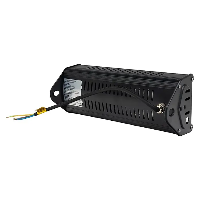 Enovalite LED-Strahler LED-Hallenstrahler - 50 W, 6.000 lm, 5.000 K, IP65 - Schwarzer, rechteckiger LED-Flutlichtstrahler mit Netzkabel und abisolierten Enden.