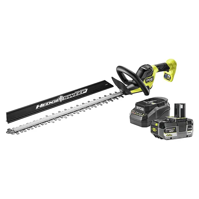 Ryobi ONE+ Maschinenpaket - Akku-Heckenschere RY18HTX60A-0,18V, 4 Ah Akku & 2A Ladegerät - Ein Ryobi Akku-Heckenschneider-Set mit Trimmer, Akku und Ladegerät in Schwarz und Limettengrün, inklusive schwarzer Messerabdeckung.