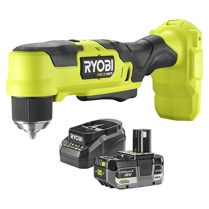 Ryobi ONE+HP Maschinenpaket - Akku-Winkelbohrschrauber RAD18C-0 + gratis Starter-Kit - Ryobi winkelbohrmaschine in lindgrün und schwarz, mit 18V 4.0Ah Lithium+ akku und ladegerät.
