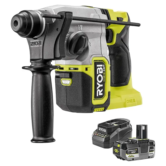 Ryobi ONE+HP Maschinenpaket - Akku-Kombihammer RSDS18X-0 + gratis Starter-Kit - Ryobi Akku-Bohrhammer mit Zusatzhandgriff, Tiefenanschlag, 18V 4.0Ah Lithium+ Akku und Ladegerät, in Limettengrün, Schwarz und Silber.