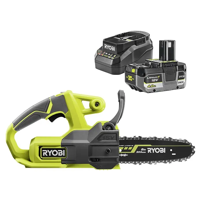 Ryobi ONE+ Maschinenpaket - Akku-Kettensäge RY18CS20A-0,18V, 4 Ah Akku & 2A Ladegerät - Limettengrüne und graue Ryobi 18V Akku-Kettensäge, inklusive Akku und Ladegerät.