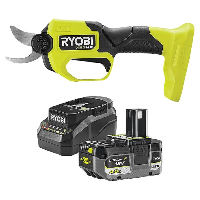 Ryobi ONE+ Maschinenpaket - Akku-Gartenschere RY18SCXA-0,18V, 4 Ah Akku & 2A Ladegerät - Ryobi 18V ONE+ HP Akku-Astschere Set mit 4,0Ah Akku und Ladegerät, gelb und schwarz.