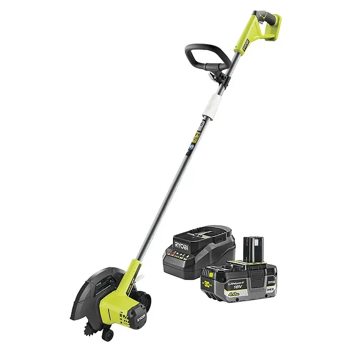 Ryobi ONE+ Cortabordes de batería RY18EGA-0 - 18 V, Iones de litio, Sin batería - Desbrozadora inalámbrica verde y negra con eje gris, batería y cargador para el mantenimiento del jardín.