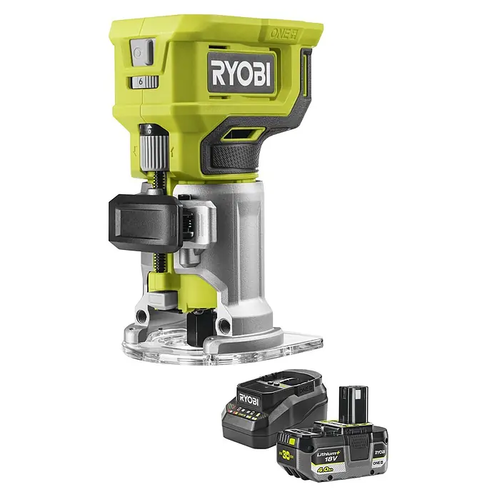 Ryobi ONE+ Maschinenpaket - Akku-Kantenfräser RTR18-0 + gratis Starter-Kit - Ryobi ONE+ 18V Akku-Kompaktfräse in Limettengrün, Schwarz und Silber, mit transparentem Sockel, gezeigt mit zwei Ryobi 18V Lithium+ 4.0Ah Akkus.