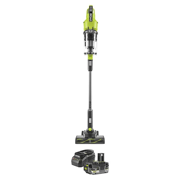 Ryobi ONE+ Maschinenpaket - Akku-Staubsauger RSV18-0 + gratis Starter-Kit - Ryobi ONE+ Akku-Stielstaubsauger in Limettengrün und Schwarz mit zwei Akkus.