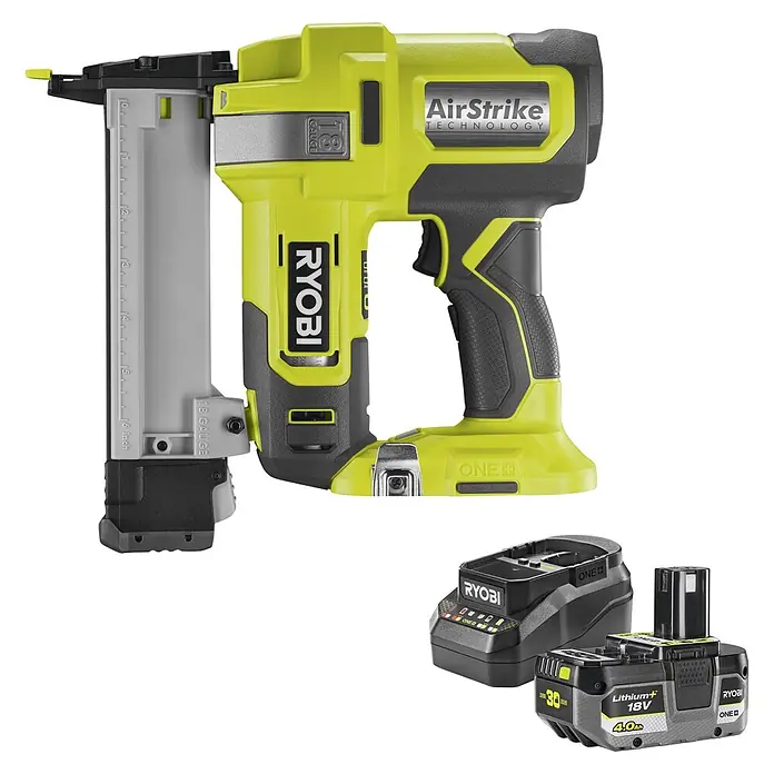 Ryobi ONE+ Maschinenpaket - Akku-Tacker R18GS18-0 + gratis Starter-Kit - Grüne und schwarze Ryobi 18V AirStrike Nagelpistole mit 18V 4.0Ah Lithium+ Akku und Ladegerät.