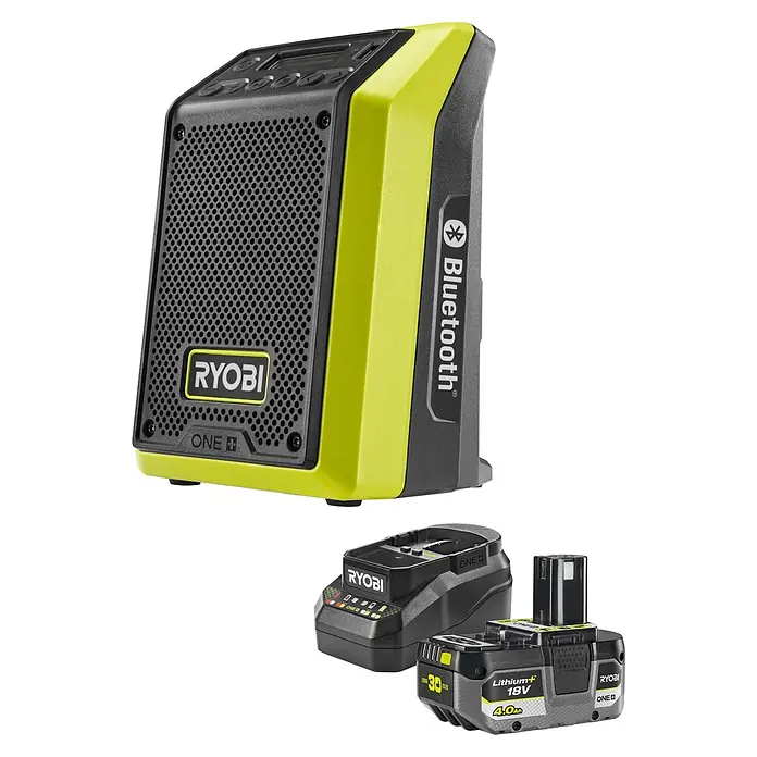 Ryobi ONE+ Maschinenpaket - Akku-Bluetooth-Radio RRDAB18-0 + gratis Starter-Kit - Ein Ryobi ONE+ Bluetooth-Lautsprecher, Ladegerät und 18V 4.0Ah Lithium+ Akku in Schwarz, Grau und Limettengrün.