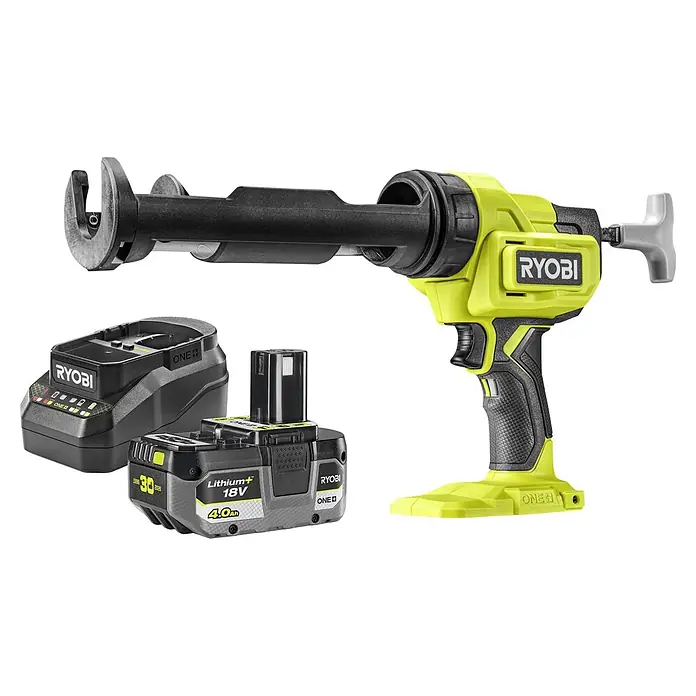 Ryobi ONE+ Maschinenpaket - Akku-Kartuschenpresse RCG18-0 + gratis Starter-Kit - Eine limettengrüne und schwarze Ryobi Akku-Kartuschenpistole, ein 18V 4.0Ah Lithium+ Akku und ein schwarzes Ryobi ONE+ Ladegerät.