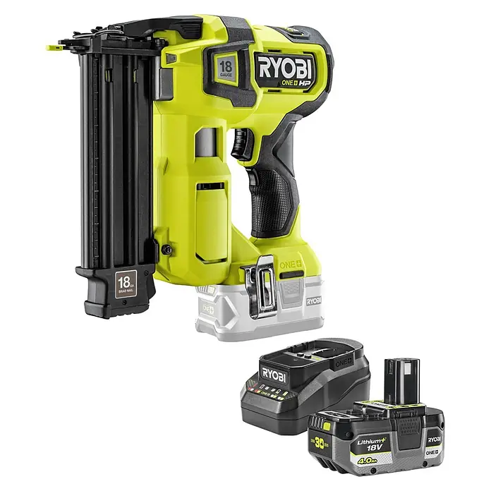 Ryobi ONE+ Maschinenpaket - Akku-Nagler R18GN18X-0 + gratis Starter-Kit - Ryobi 18V ONE+ HP 18-Gauge Akku-Nagler in Limettengrün/Schwarz mit 4.0Ah Akku und Ladegerät.