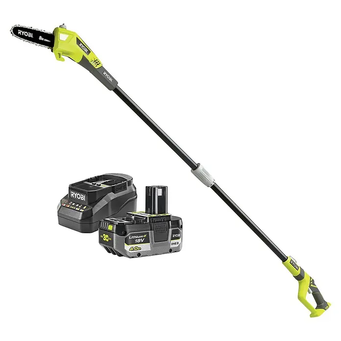 Ryobi ONE+ Maschinenpaket - Akku-Hochentaster OPP 1820,18V, 4 Ah Akku & 2A Ladegerät - Ryobi Akku-Astsäge in Limettengrün und Schwarz mit 18V 4.0Ah Akku und Ladegerät.