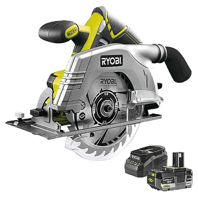 Ryobi ONE+ Maschinenpaket - Akku-Handkreissäge R18CS-0 + gratis Starter-Kit - Ryobi Akku-Kreissäge in Grau und Gelb, mit schwarzem 18V Akku und Ladegerät. Ein leistungsstarkes Schneidwerkzeug.