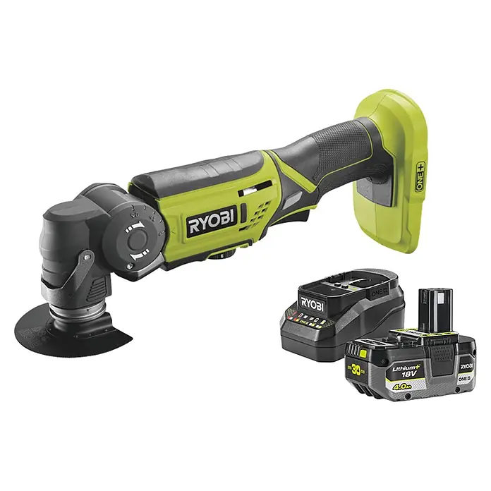 Ryobi ONE+ Maschinenpaket - Akku-Multifunktionswerkzeug R18MT-0 + gratis Starter-Kit - Ryobi 18V ONE+ Oszillierendes Multifunktionswerkzeug in Limettengrün/Schwarz mit schwarzem Ladegerät und 4.0Ah Lithium+ Akku.
