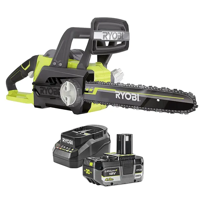 Ryobi ONE+ Maschinenpaket - Akku-Kettensäge ,18V, 4 Ah Akku & 2A Ladegerät - Eine schwarze und lindgrüne Ryobi Akku-Kettensäge mit passendem 18V 4.0Ah Lithium+ Akku und Ladegerät.