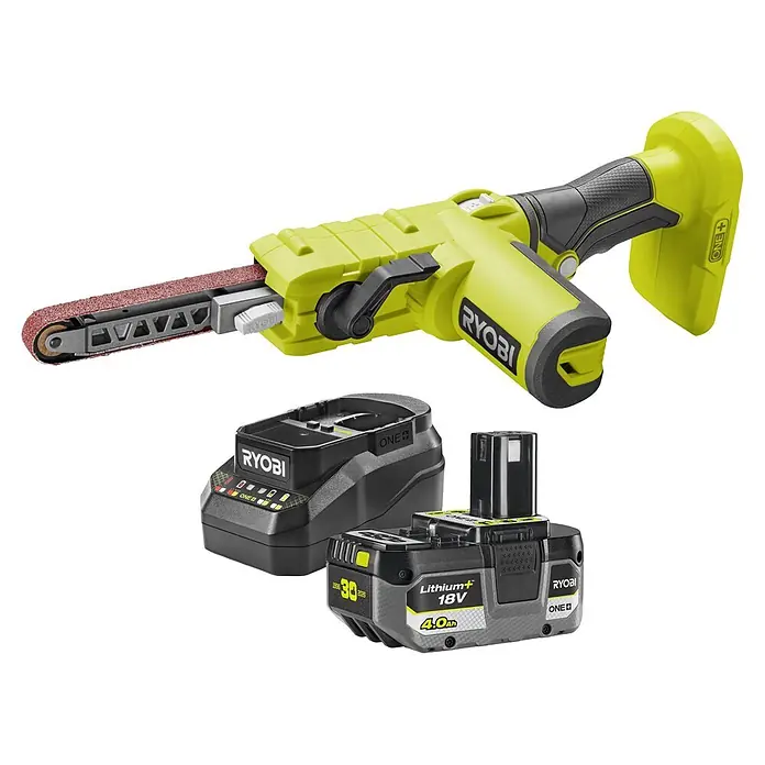 Ryobi ONE+ Maschinenpaket - Akku-Bandschleifer R18PF-0 + gratis Starter-Kit - Ryobi 18V ONE+ Akku-Bandschleifer-Set mit 4.0Ah Akku und Ladegerät.