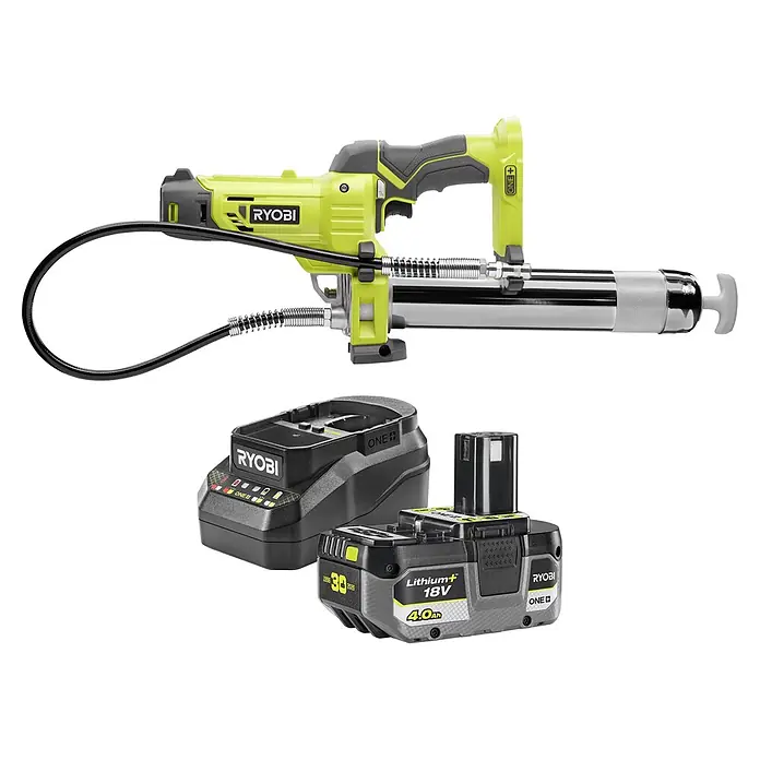 Ryobi ONE+ Maschinenpaket - Akku-Fettpresse R18GG-0 + gratis Starter-Kit - Ryobi 18V ONE+ Akku-Fettpresse-Set mit lindgrünem Werkzeug, schwarzem Schlauch, 4.0Ah Akku und Ladegerät.