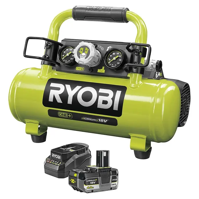 Ryobi ONE+ Maschinenpaket - Akku-Kompressor PRO + gratis Starter-Kit - Limettengrüner Ryobi ONE+ 18V Akku-Luftkompressor, mit zwei Akkus und Ladegerät.