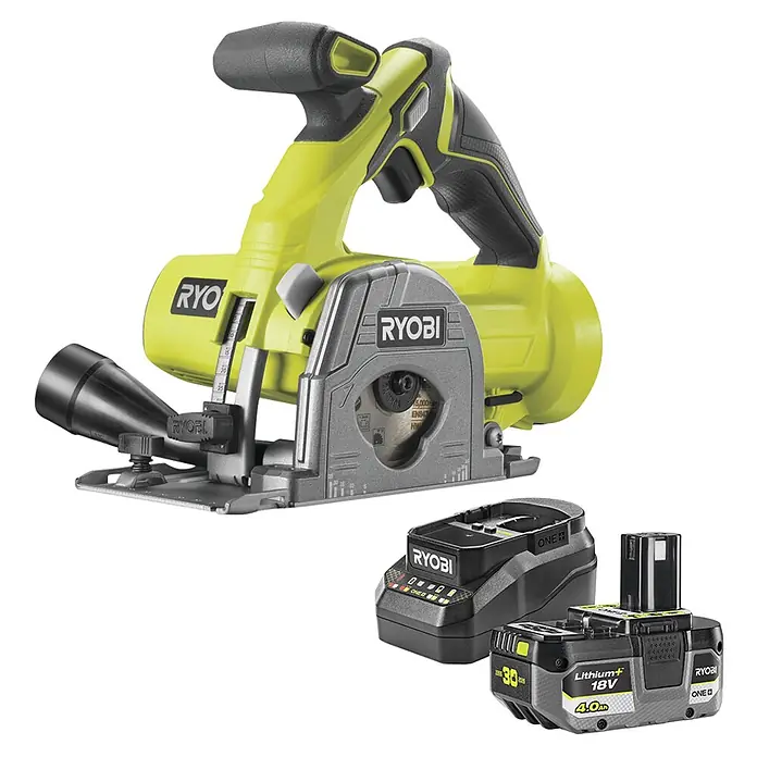 Ryobi ONE+ Maschinenpaket - Akku-Tauchsäge R18MMS-0 + gratis Starter-Kit - Ryobi 18V Akku-Kreissäge in Neongelb und Grau, mit schwarzem Akku und Ladegerät.