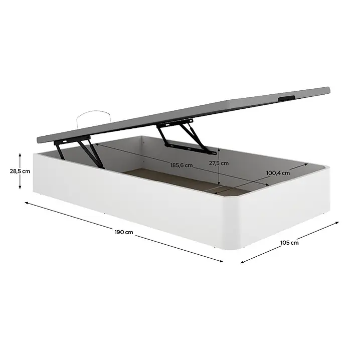 Dekit Canapé Round - 190 x 105 x 32 cm, Blanco, Abatible - Base de cama canapé blanca con mecanismo hidráulico abierto, mostrando dimensiones internas.