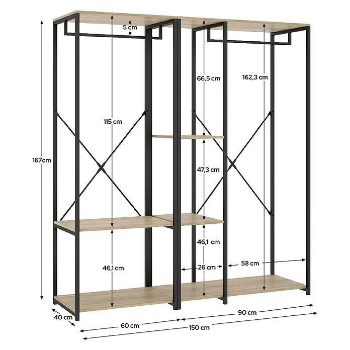 Dekit Armario para ropa Trok - L x An x Al: 40,4 x 150 x 167 cm, Negro/Roble, Acero/Melamina - Armario abierto de metal negro y madera clara con barras para colgar y estantes.