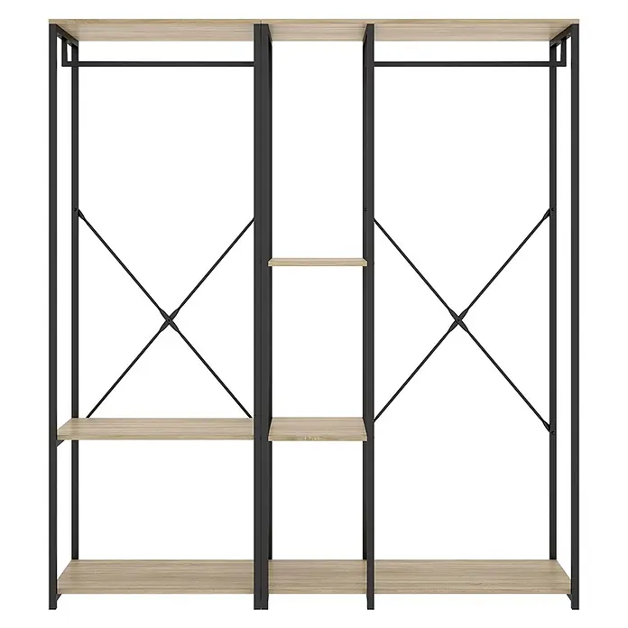 Dekit Armario para ropa Trok - L x An x Al: 40,4 x 150 x 167 cm, Negro/Roble, Acero/Melamina - Armario abierto con estructura de metal negro y estantes y barras de madera clara.
