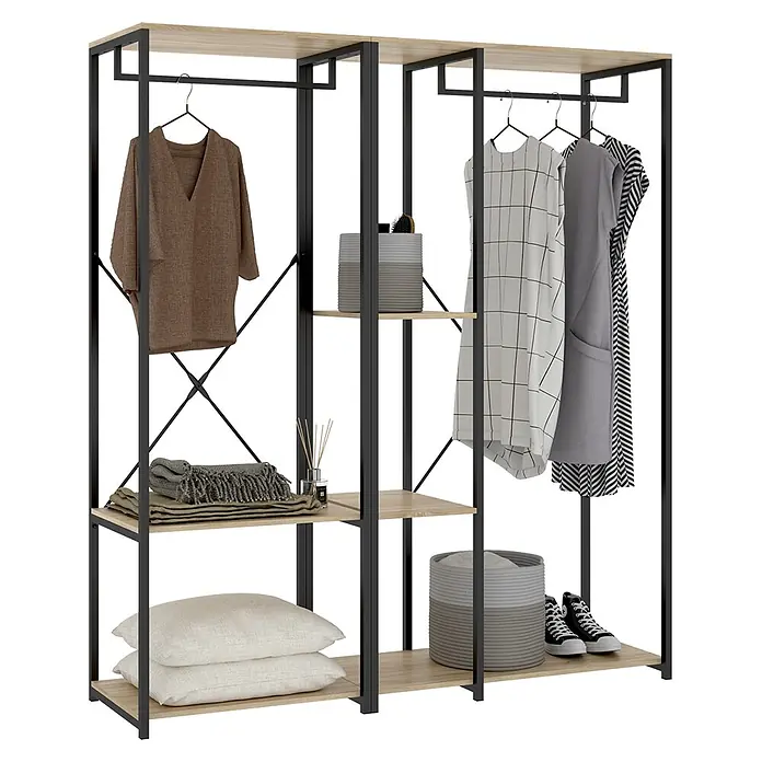 Dekit Armario para ropa Trok - L x An x Al: 40,4 x 150 x 167 cm, Negro/Roble, Acero/Melamina - Armario abierto de metal negro y madera clara con ropa colgada, almohadas, mantas y cestas de almacenaje.