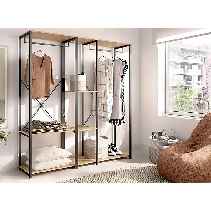 Dekit Armario para ropa Trok - L x An x Al: 40,4 x 150 x 167 cm, Negro/Roble, Acero/Melamina - Armario abierto moderno con marco de metal negro y estantes de madera clara, para colgar ropa y textiles.