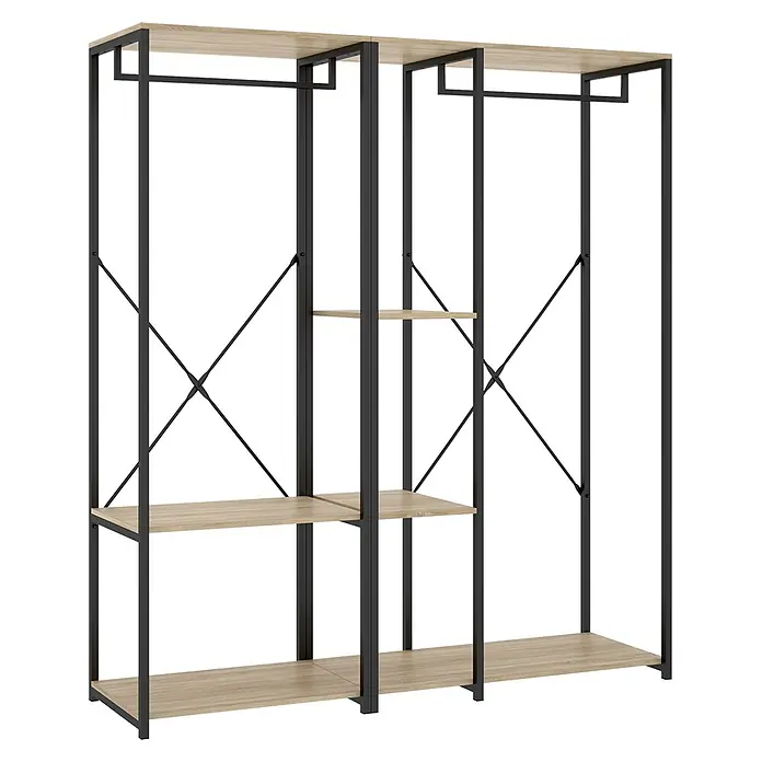 Dekit Armario para ropa Trok - L x An x Al: 40,4 x 150 x 167 cm, Negro/Roble, Acero/Melamina - Armario abierto de estilo industrial con estantes de madera clara y estructura de metal negro, con barras para colgar y compartimentos.