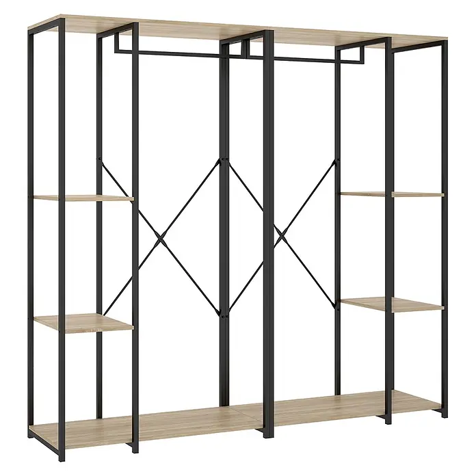 Dekit Armario para ropa Trok - L x An x Al: 40,4 x 180 x 167 cm, Negro/Roble, Acero/Melamina - Armario abierto con estructura de metal negro, estantes de madera clara y barras para colgar. Con refuerzos en X para estabilidad y amplio almacenaje.