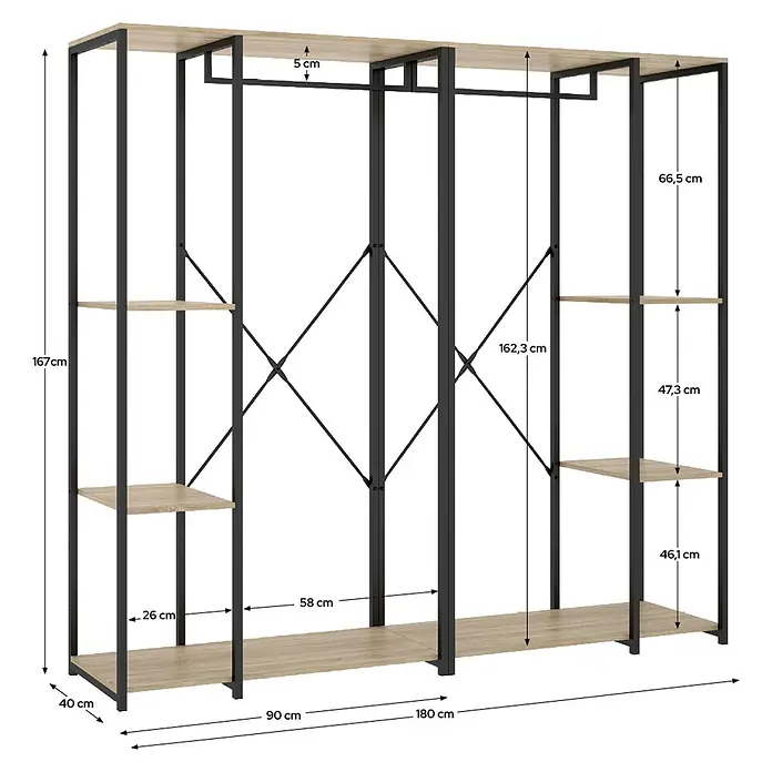 Dekit Armario para ropa Trok - L x An x Al: 40,4 x 180 x 167 cm, Negro/Roble, Acero/Melamina - Armario abierto de metal negro y madera clara con estantes.