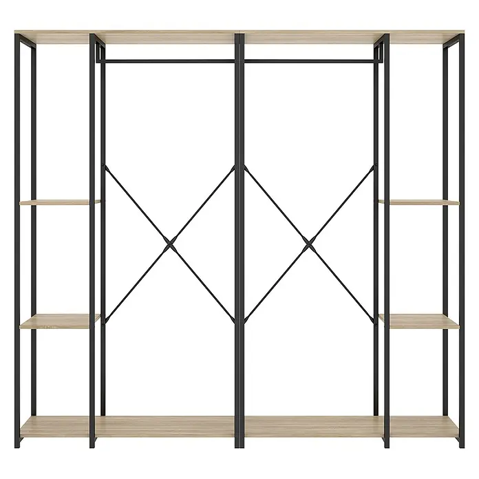 Dekit Armario para ropa Trok - L x An x Al: 40,4 x 180 x 167 cm, Negro/Roble, Acero/Melamina - Armario y estantería modernos con estantes de madera clara y estructura de metal negro, con barra para colgar y compartimentos.