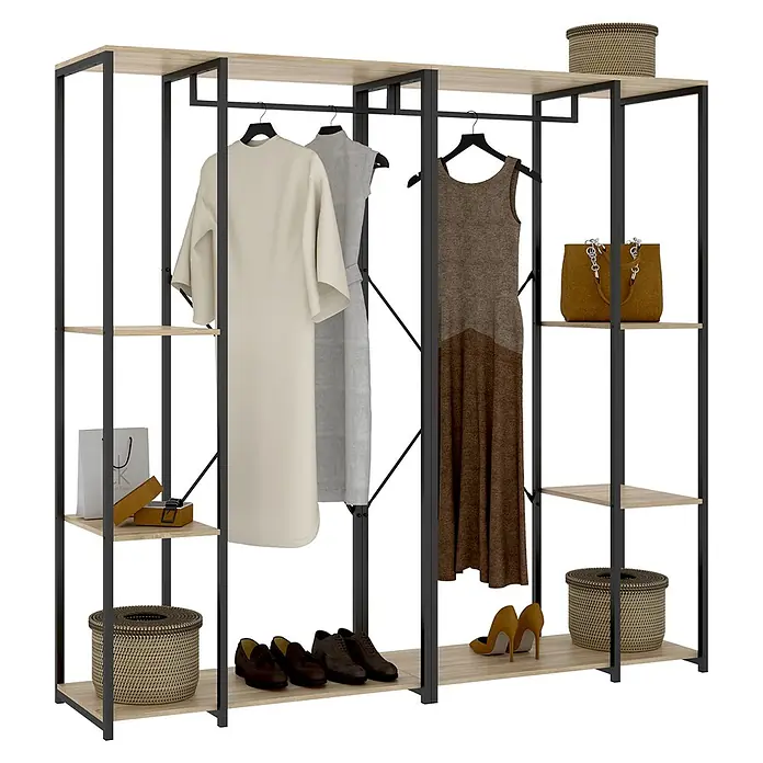 Dekit Armario para ropa Trok - L x An x Al: 40,4 x 180 x 167 cm, Negro/Roble, Acero/Melamina - Armario abierto de metal negro y madera clara con ropa colgada, zapatos y cestas de almacenamiento.