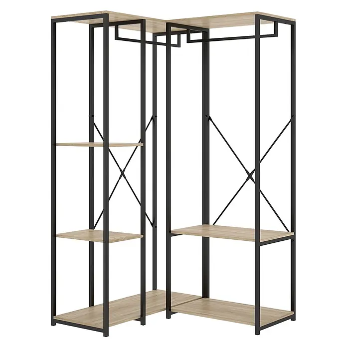 Dekit Armario para ropa Trok - L x An x Al: 100,4 x 90 x 167 cm, Negro/Roble, Acero/Melamina - Armario abierto de esquina con marco de metal negro y estantes de madera clara.