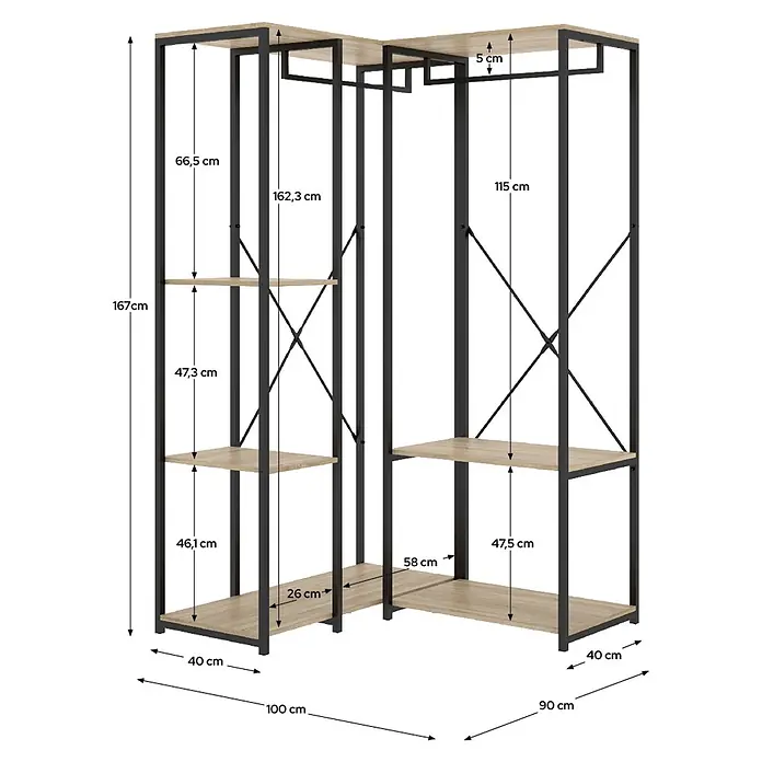 Dekit Armario para ropa Trok - L x An x Al: 100,4 x 90 x 167 cm, Negro/Roble, Acero/Melamina - Estantería de esquina con baldas de madera clara y estructura de metal negro, mostrando dimensiones detalladas.