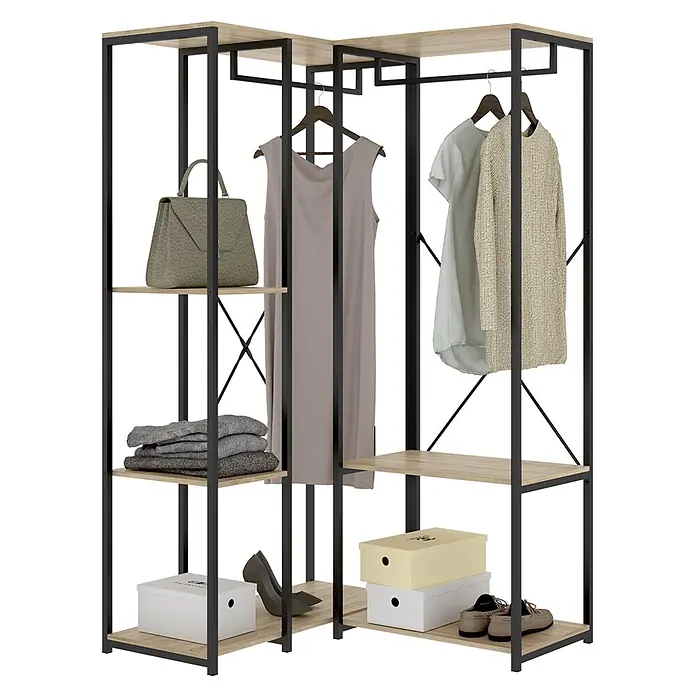 Dekit Armario para ropa Trok - L x An x Al: 100,4 x 90 x 167 cm, Negro/Roble, Acero/Melamina - Armario abierto de esquina con estructura de metal negro y estantes de madera clara, con ropa, bolso, zapatos y cajas de almacenaje.