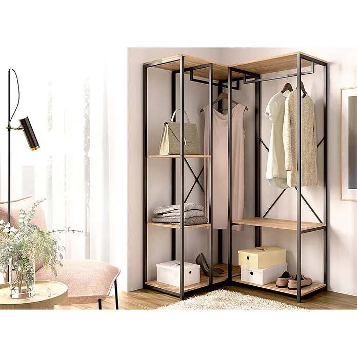 Dekit Armario para ropa Trok - L x An x Al: 100,4 x 90 x 167 cm, Negro/Roble, Acero/Melamina - Un sistema de armario abierto de esquina con estructura de metal negro y estantes de madera clara, para ropa y accesorios.