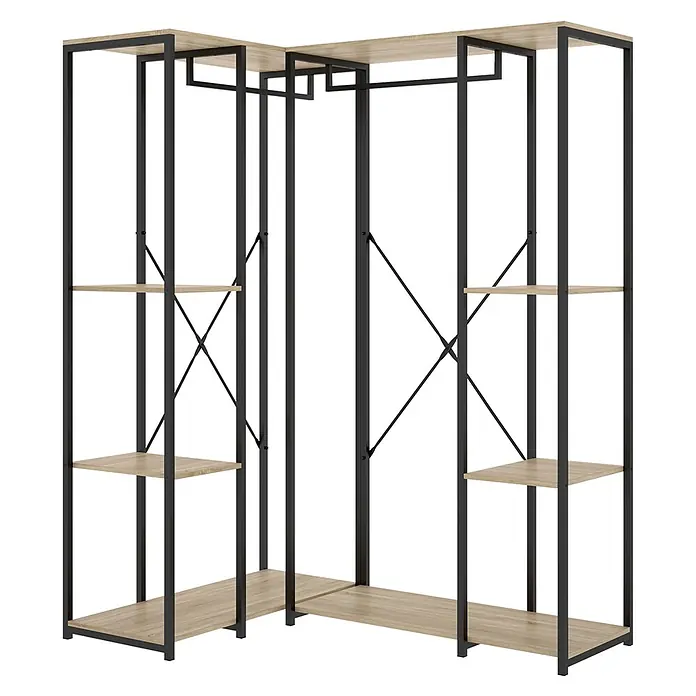 Dekit Armario para ropa Trok - L x An x Al: 130,4 x 90 x 167 cm, Negro/Roble, Acero/Melamina - Armario abierto en forma de L con estructura de metal negro y estantes de madera clara.