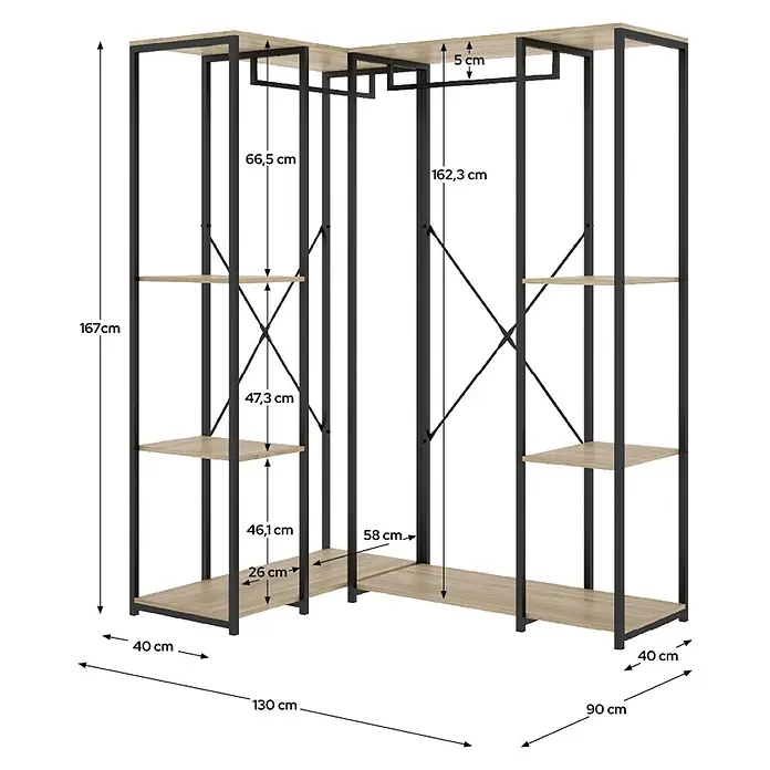 Dekit Armario para ropa Trok - L x An x Al: 130,4 x 90 x 167 cm, Negro/Roble, Acero/Melamina - Organizador de armario esquinero con estructura de metal negro y estantes de madera clara, dimensiones.