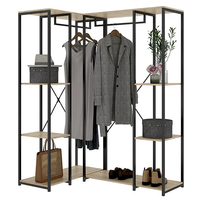 Dekit Armario para ropa Trok - L x An x Al: 130,4 x 90 x 167 cm, Negro/Roble, Acero/Melamina - Sistema de armario abierto en forma de L con estructura de metal negro y estantes de madera clara, mostrando ropa, zapatos y accesorios.
