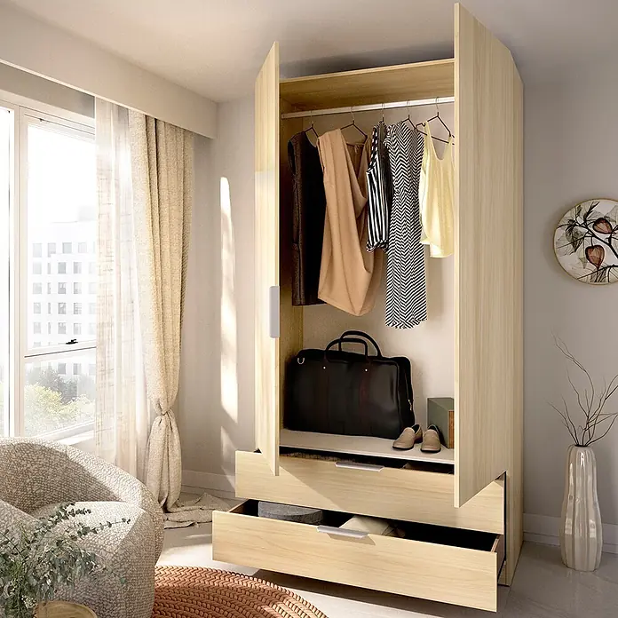 Dekit Armario para ropa Emax - L x An x Al: 51,4 x 91 x 203,5 cm, Roble claro, Número de cajones: 2 ud. - Armario de efecto madera clara con puertas abiertas que muestran ropa colgada, un estante con un bolso y zapatos, y dos cajones abiertos.