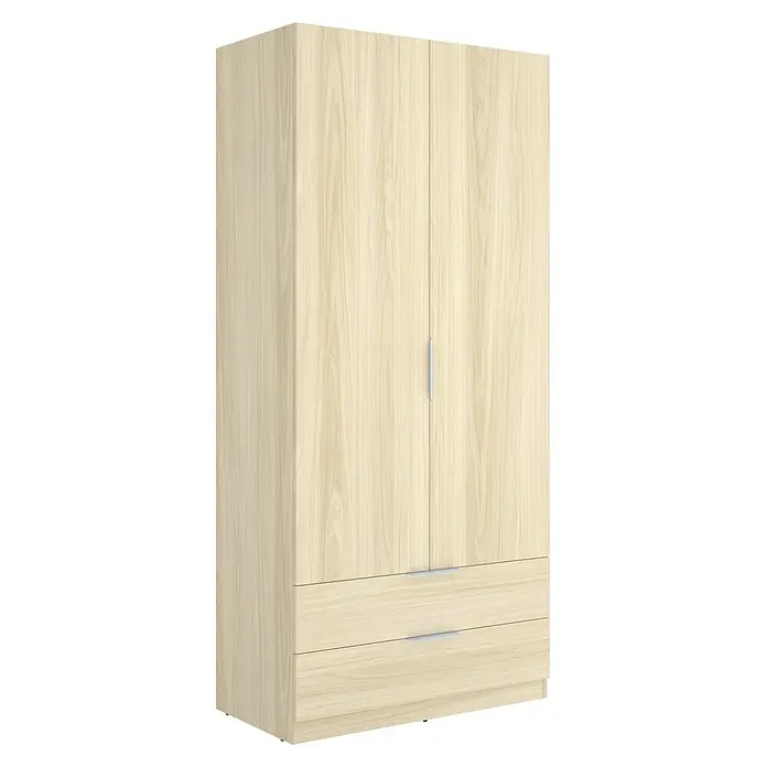Dekit Armario para ropa Emax - L x An x Al: 51,4 x 91 x 203,5 cm, Roble claro, Número de cajones: 2 ud. - Armario de madera clara de dos puertas con dos cajones inferiores y tiradores plateados.