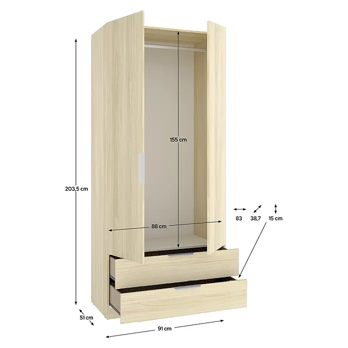 Dekit Armario para ropa Emax - L x An x Al: 51,4 x 91 x 203,5 cm, Roble claro, Número de cajones: 2 ud. - Armario de madera clara con puerta abierta que revela una barra para colgar y dos cajones abiertos. Se muestran las dimensiones.