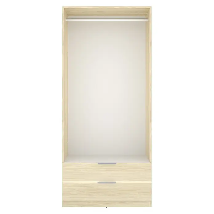 Dekit Armario para ropa Emax - L x An x Al: 51,4 x 91 x 203,5 cm, Roble claro, Número de cajones: 2 ud. - Interior de armario de madera clara con barra para colgar plateada y dos cajones inferiores con tiradores plateados.