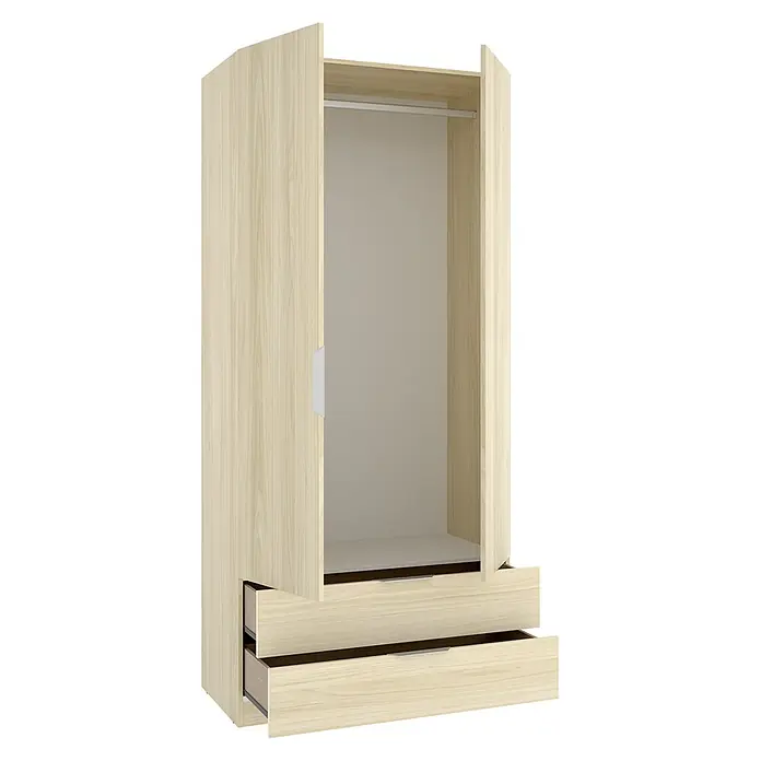 Dekit Armario para ropa Emax - L x An x Al: 51,4 x 91 x 203,5 cm, Roble claro, Número de cajones: 2 ud. - Armario de madera clara con una puerta abierta, una barra de colgar y dos cajones parcialmente abiertos.