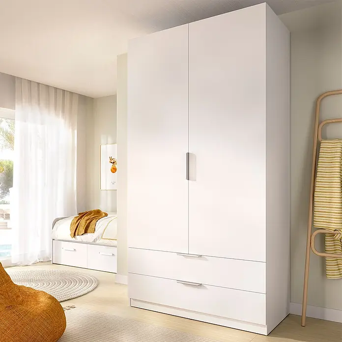 Dekit Armario para ropa Emax - L x An x Al: 51,4 x 91 x 203,5 cm, Blanco, Número de cajones: 2 ud. - Armario blanco con dos puertas y dos cajones, con tiradores modernos, perfecto para dormitorio.