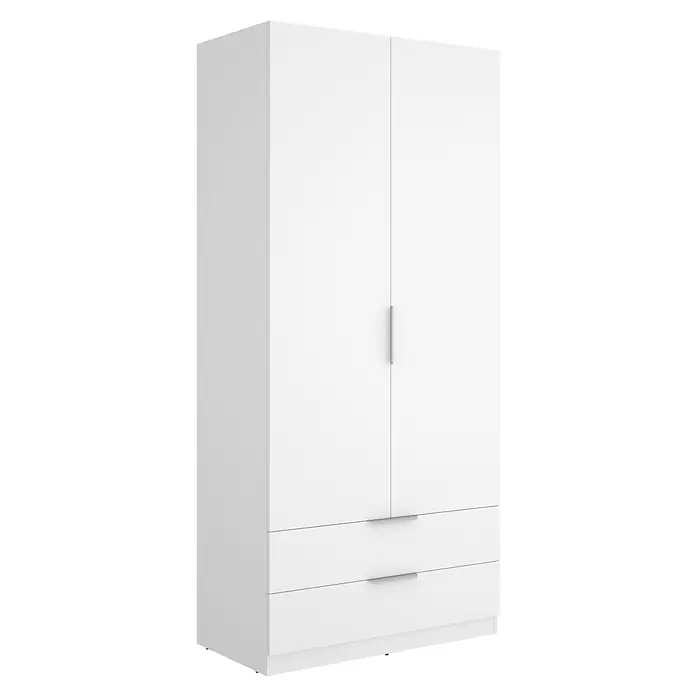Dekit Armario para ropa Emax - L x An x Al: 51,4 x 91 x 203,5 cm, Blanco, Número de cajones: 2 ud. - Armario blanco con dos puertas y dos cajones inferiores, con tiradores modernos de color plateado.