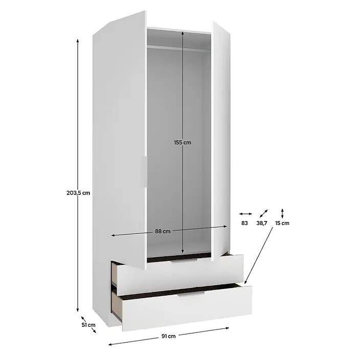 Dekit Armario para ropa Emax - L x An x Al: 51,4 x 91 x 203,5 cm, Blanco, Número de cajones: 2 ud. - Armario blanco con dos puertas y dos cajones. Medidas: Al 203,5cm, An 91cm, Pr 51cm.