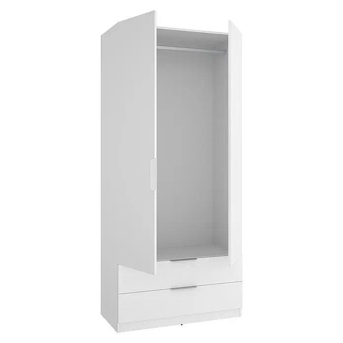 Dekit Armario para ropa Emax - L x An x Al: 51,4 x 91 x 203,5 cm, Blanco, Número de cajones: 2 ud. - Armario blanco con puerta abierta, barra para colgar ropa y dos cajones inferiores con tiradores plateados.
